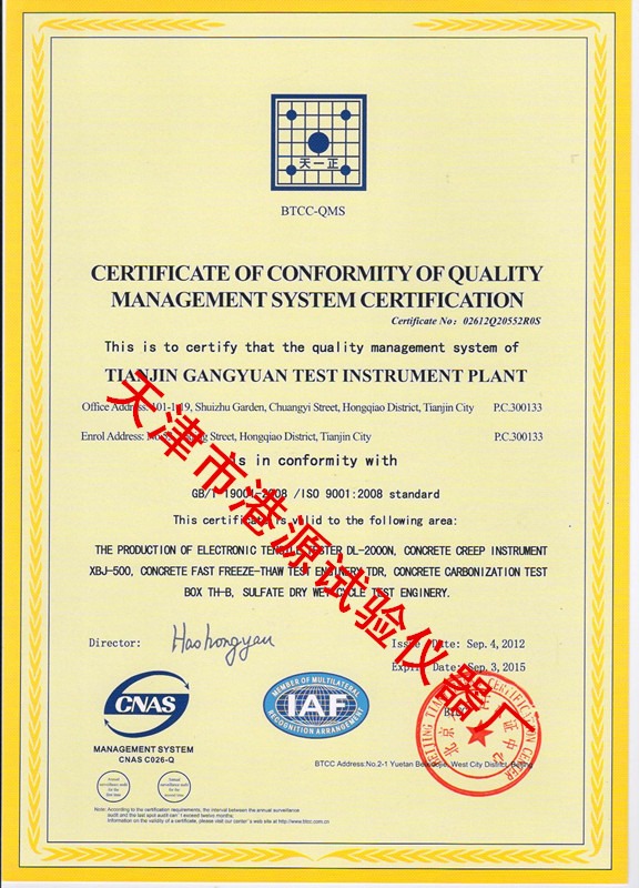 ISO9001：2008质量管理体系认证证书英文版